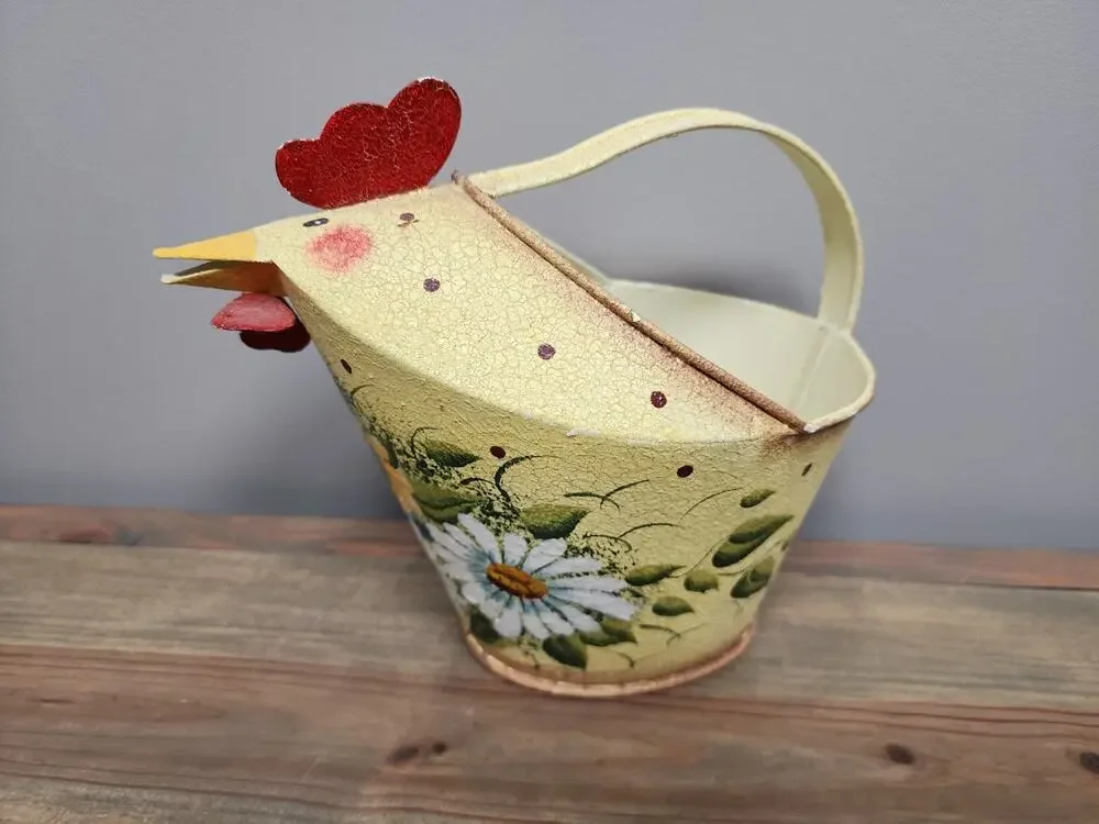 Rooster Tin Watering Pitcher Painted Sunflowers